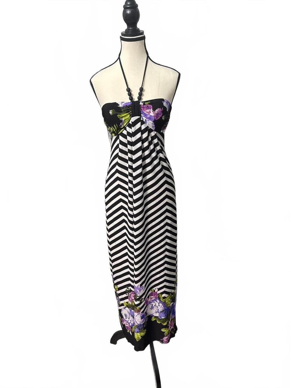 St. Tropez West Halter Maxi Dress Size 4 Floral Chevron Stripe Beaded Neck